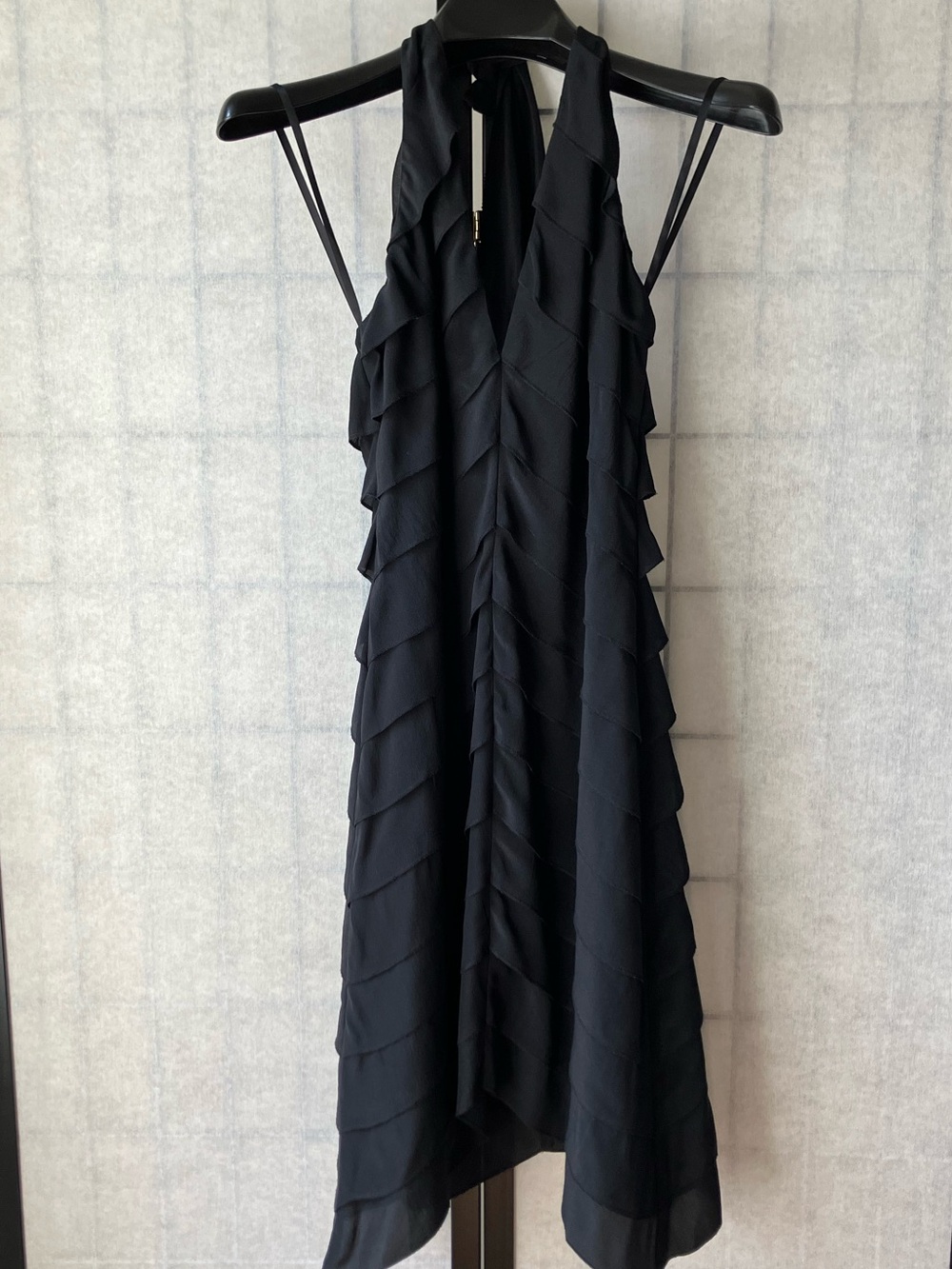 BCBG Max Azria Black Silk Cascading Ruffled Tiered Asymmetrical Halter Dress